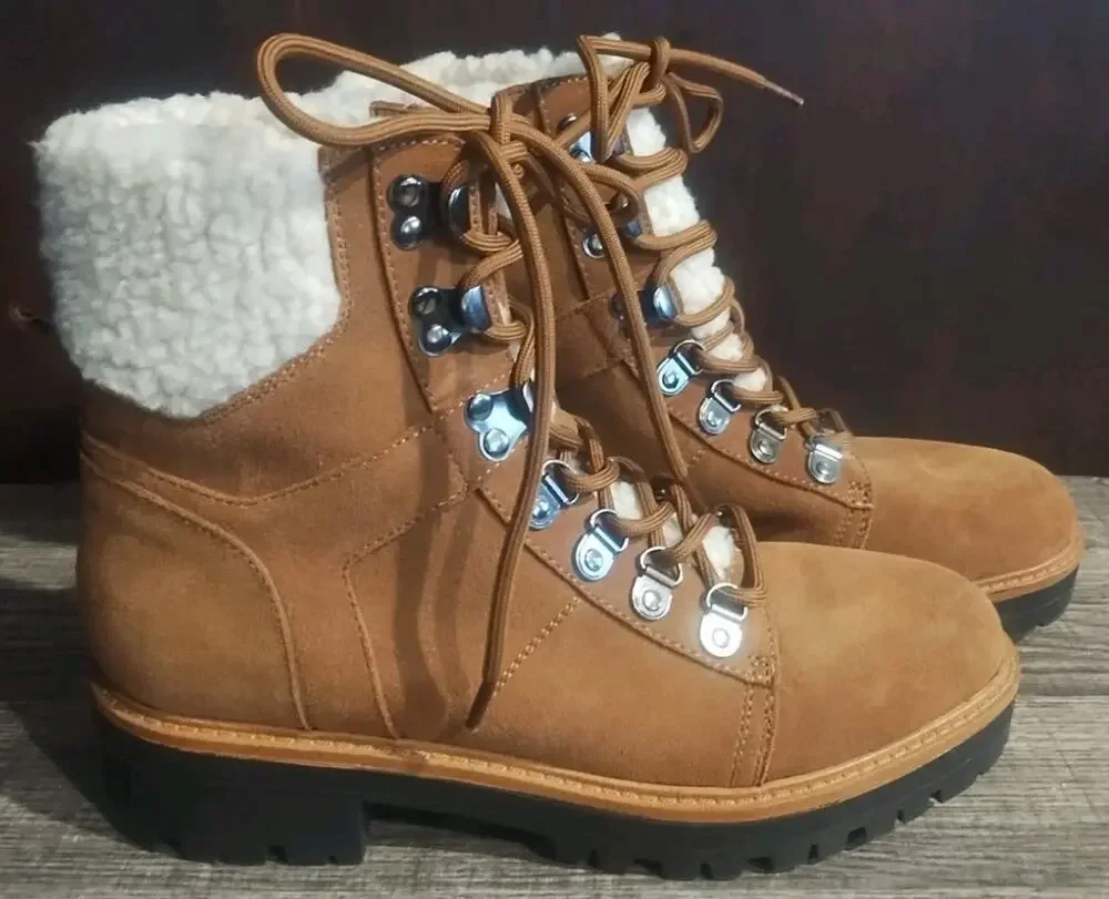 Marc Fisher Tan Brown Suede Sherpa Lined Ankle Combat Boots 7.5M Womens MFIsabel